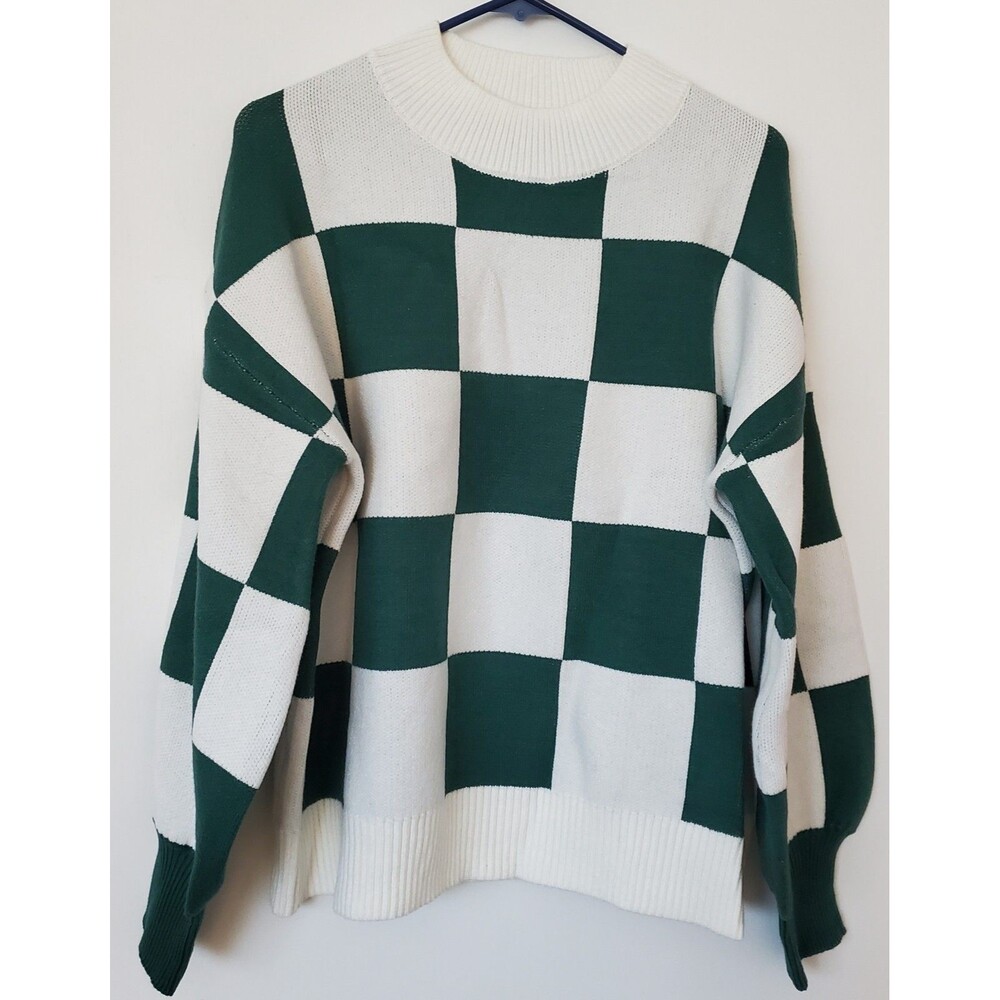 ZESICA Women's Checkered Knit Sweater Size XL Green White Pullover Chunky